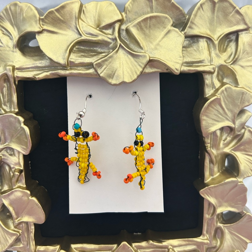 Vibrant Yellow and Orange Beaded Lizard Earrings